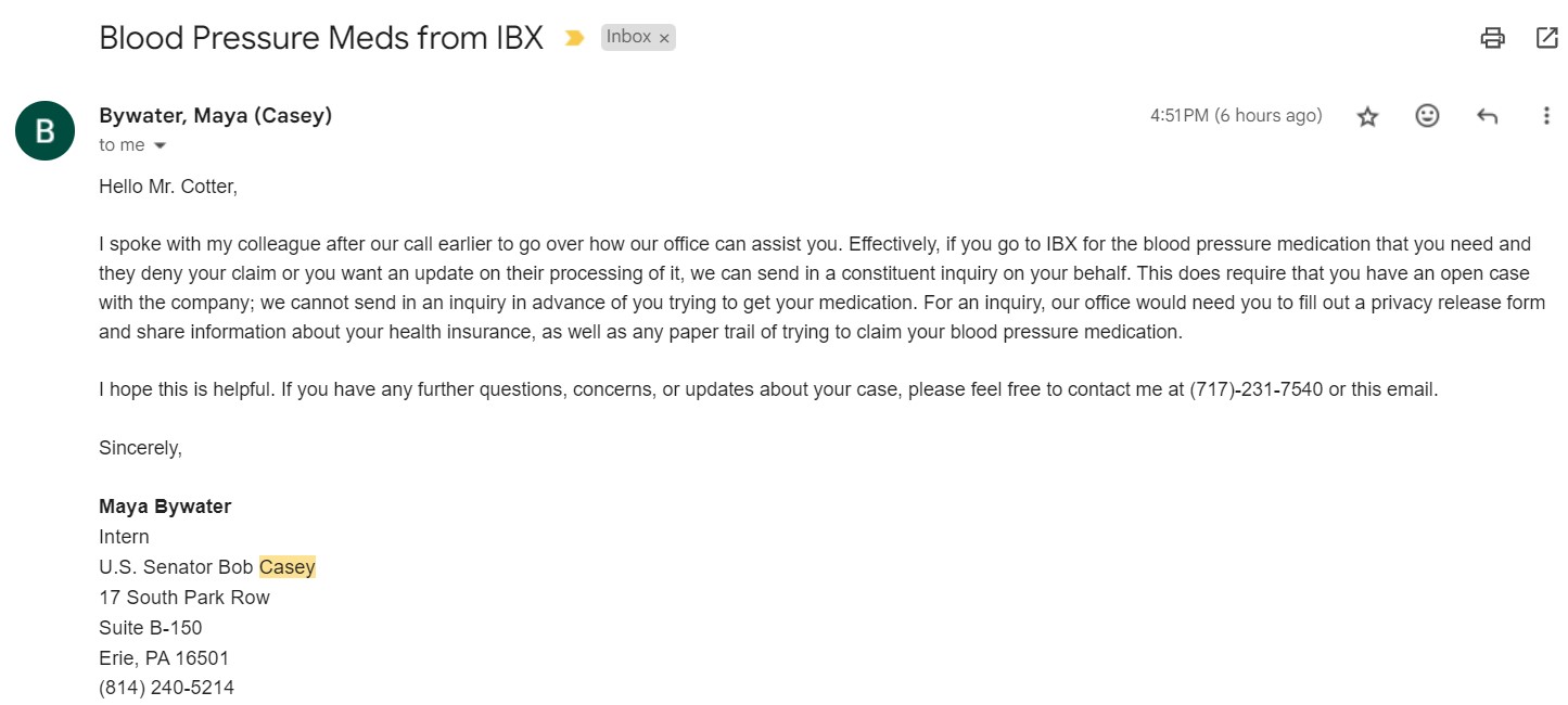I have contacted Senator Bob Casey.